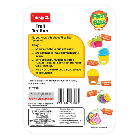 Funskool Giggles Fruit Teether at Go Littles product image 3. Package of Funskool Fruit Teether with colorful illustrations and text.