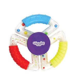 Funskool Giggles SENSORY RATTLE TRIO at go littles product image 1. Colorful sensory rattle trio toy with 'Giggles' branding on a white background