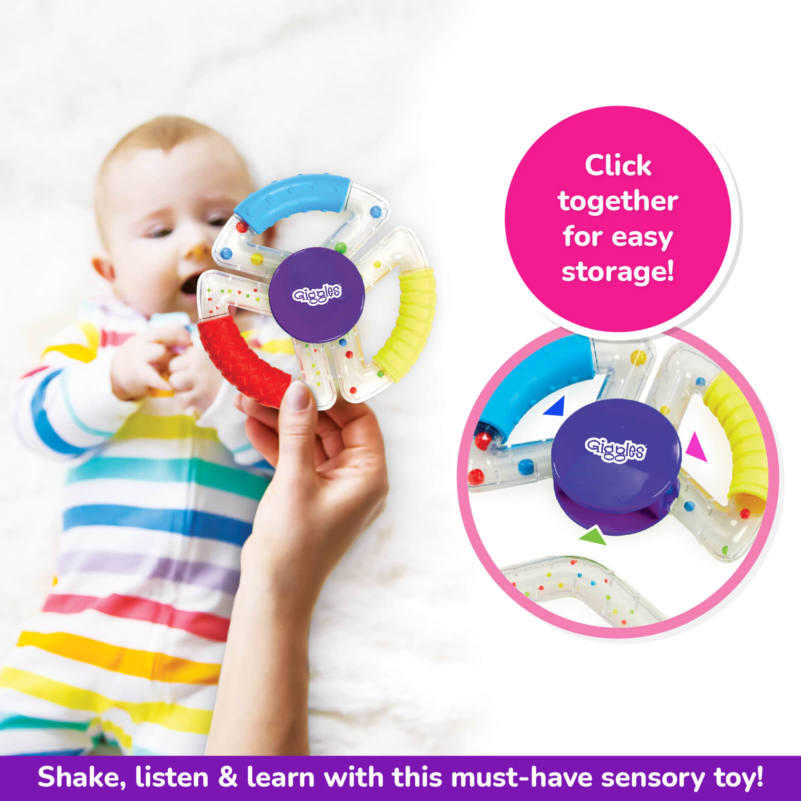 Funskool Giggles SENSORY RATTLE TRIO at go littles product image 3. Baby holding a colorful toy with text about easy storage and sensory learning.