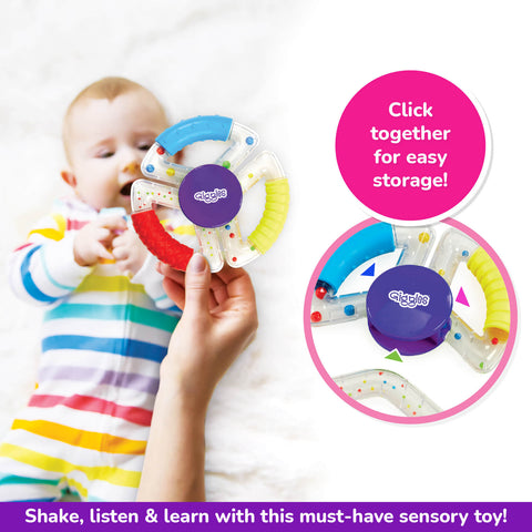 Funskool Giggles SENSORY RATTLE TRIO at go littles product image 3. Baby holding a colorful toy with text about easy storage and sensory learning.
