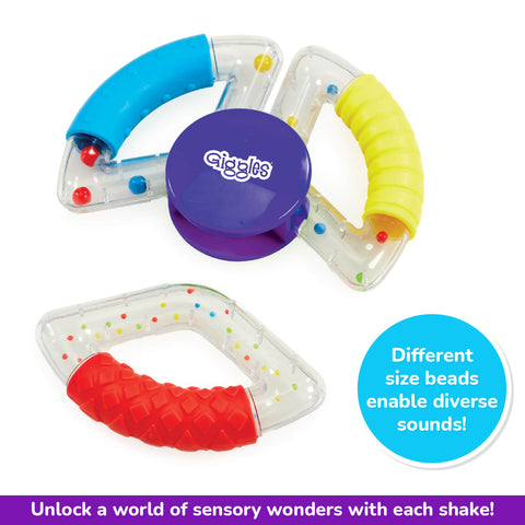 Funskool Giggles SENSORY RATTLE TRIO at go littles product image 4. Colorful toy with shaking mechanism and 'Giggles' branding on a white background