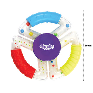 Funskool Giggles SENSORY RATTLE TRIO at go littles product image 5. Colorful baby teething ring with 'Giggles' branding on a white background