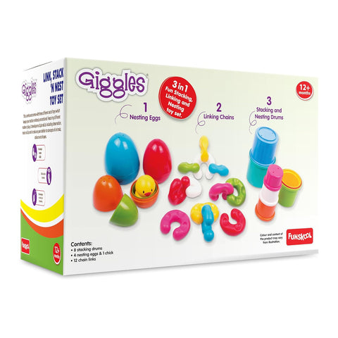 Funskool Giggles Stack N Nest Toy at go littles product image 2. Giggles toy set packaging with colorful links and nesting eggs on a white background