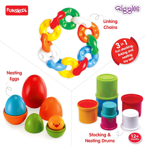 Funskool Giggles Stack N Nest Toy at go littles product image 3. Colorful toy set with linking chains, nesting eggs, and stocking & nesting drums on a white background.