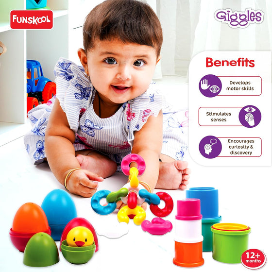Funskool Giggles Stack N Nest Toy at go littles product image 4. Baby playing with colorful toys, surrounded by Funschool and Giggles branding.