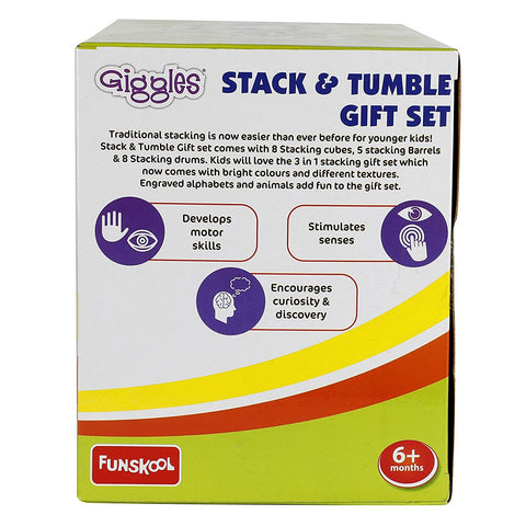 Funskool Giggles Stack N Tumble Gift Set at go littles product image 3. Giggles Stack & Tumble gift set packaging with Funskool logo on a white background