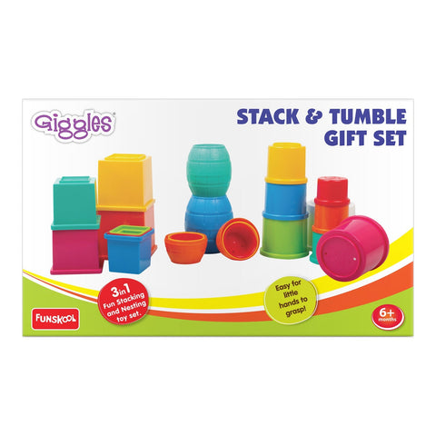 Funskool Giggles Stack N Tumble Gift Set at go littles product image 4. Giggles Stack & Tumble gift set packaging with colorful toy set on a white background