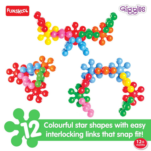 Funskool Giggles Star Links at go littles product image 3. Colorful star-shaped interlocking toys with Funschool and Giggles branding on a white background.