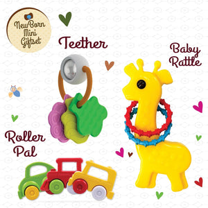 Funskool New Born Gift Set Mini (Combo-1) at go littles product image 2. Set of colorful baby toys including a teether, roller pal, and baby rattle on a white background with text labels.