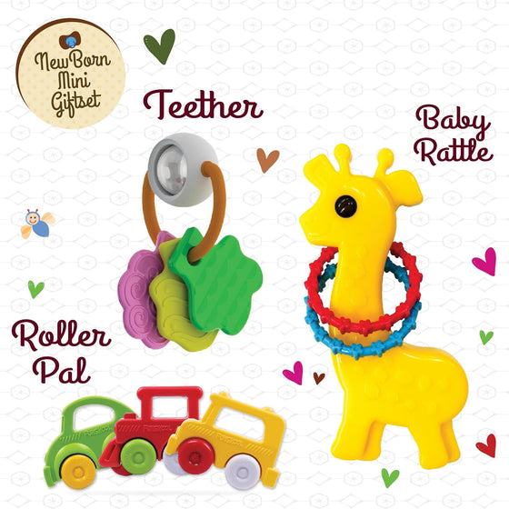 Funskool New Born Gift Set Mini (Combo-1) at go littles product image 2. Set of colorful baby toys including a teether, roller pal, and baby rattle on a white background with text labels.
