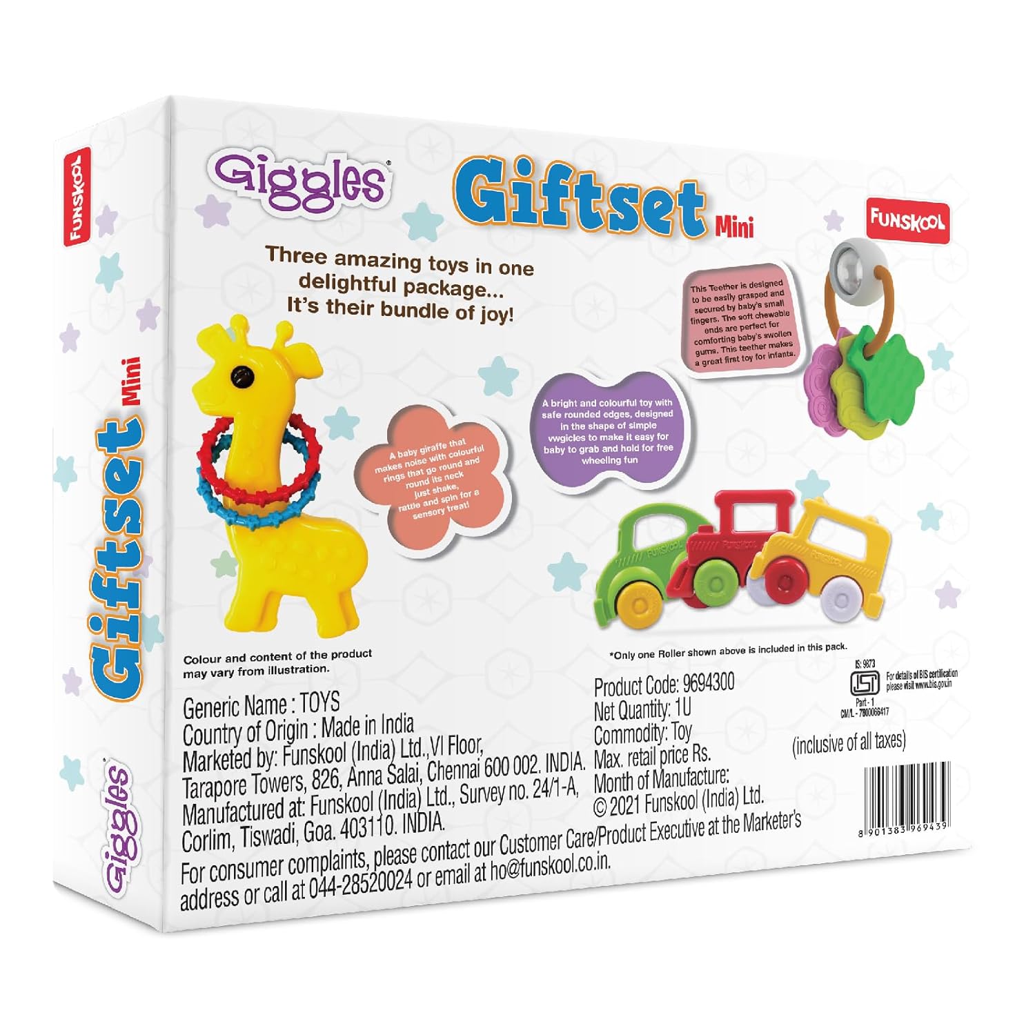 Funskool New Born Gift Set Mini (Combo-1) at go littles product image 3. Giggles Giftset Mini packaging with toys on a white background