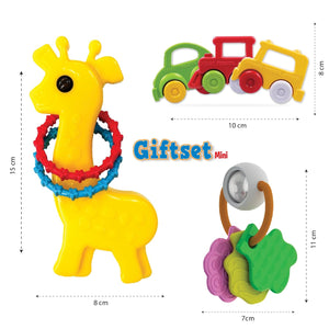 Funskool New Born Gift Set Mini (Combo-1) at go littles product image 4. Colorful toy set with a giraffe, cars, and rings with measurements on a white background.