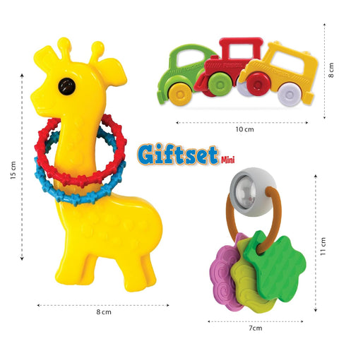 Funskool New Born Gift Set Mini (Combo-1) at go littles product image 4. Colorful toy set with a giraffe, cars, and rings with measurements on a white background.