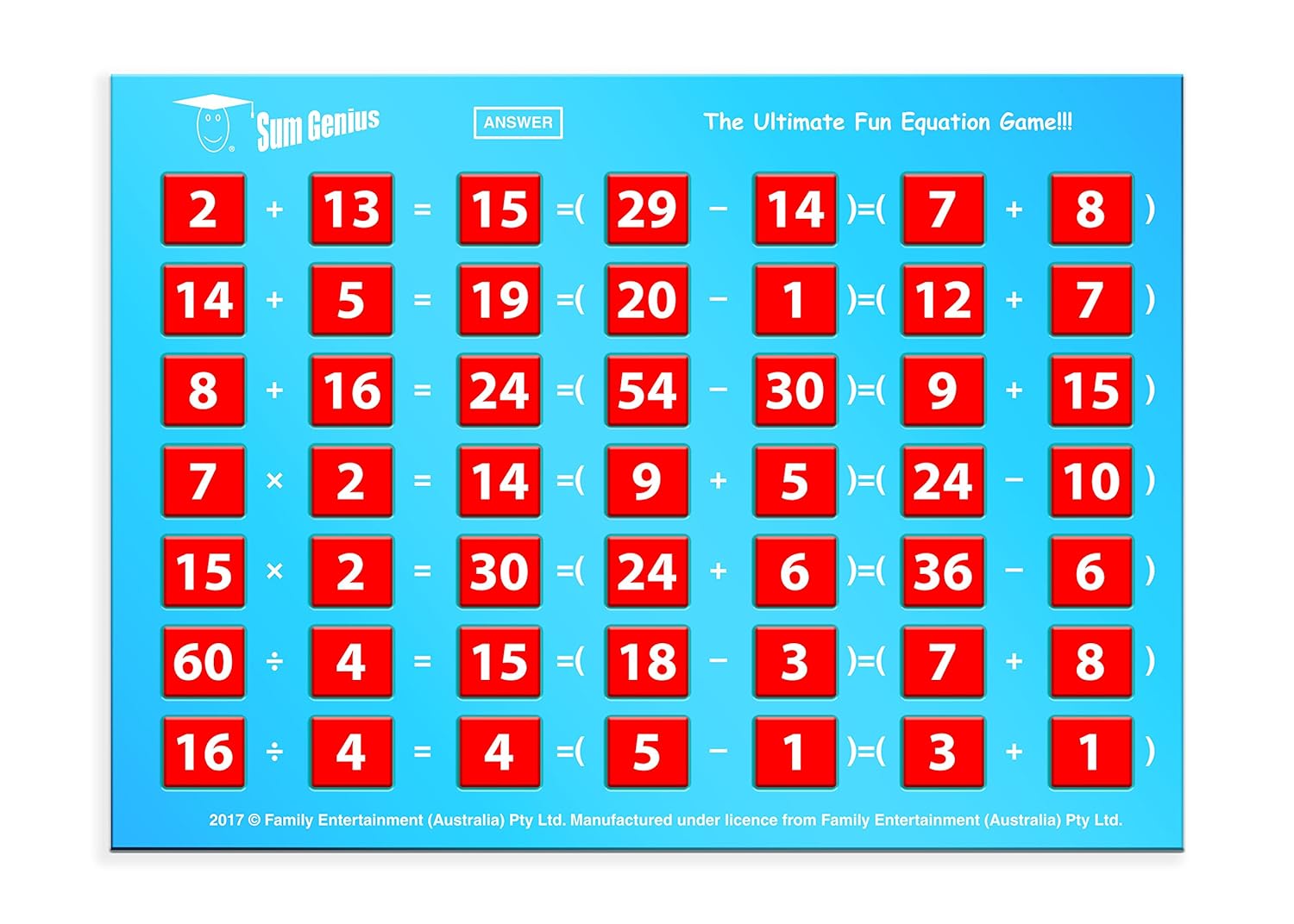 Mathematical equation game board with red squares and blue border