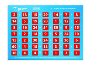 Mathematical equation game board with red squares and blue border