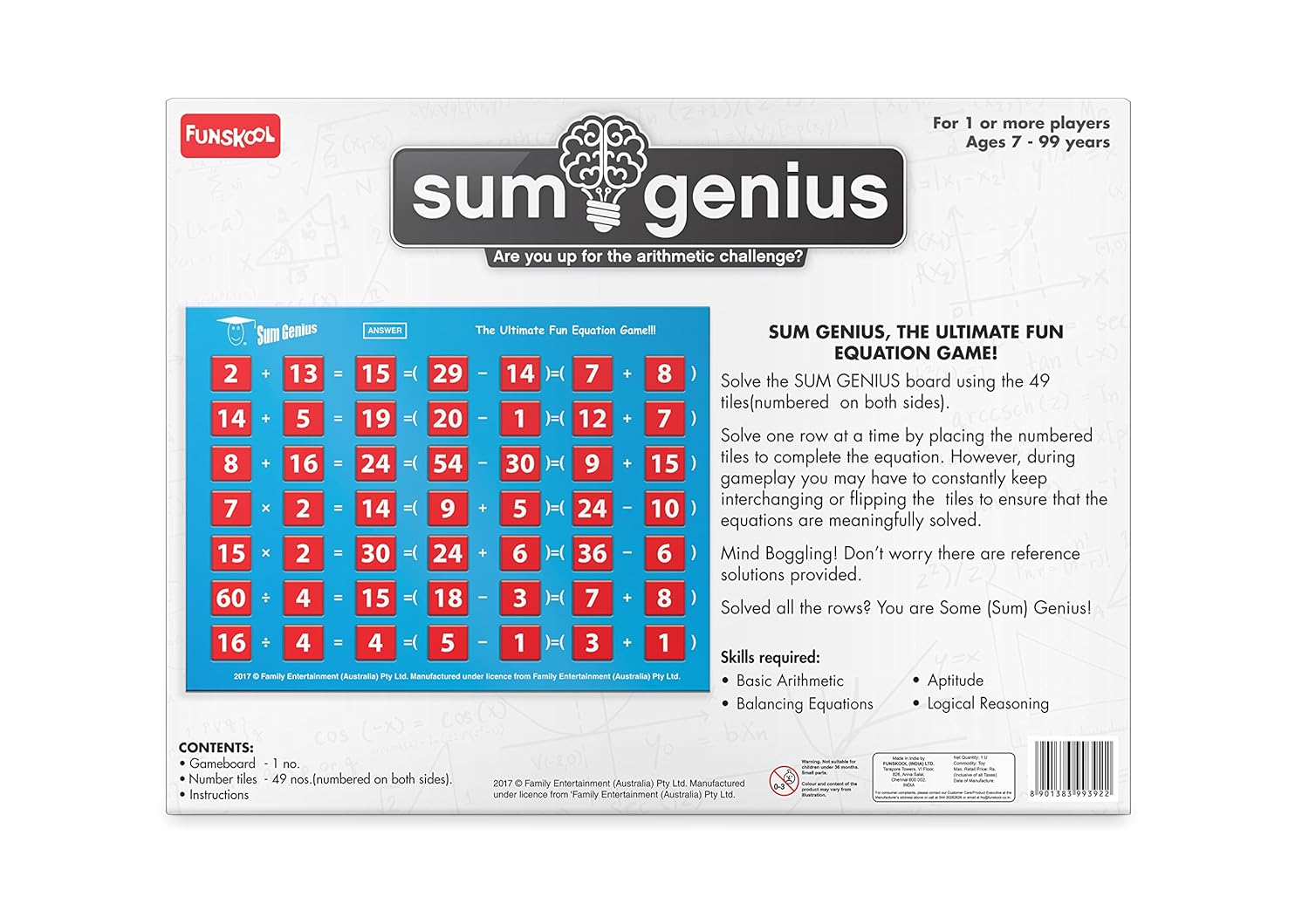 Sum Genius game box with arithmetic equations on a white background