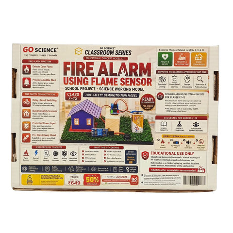 The back cover of a GO Science Classroom Series Fire Alarm Using Flame Sensor school project kit box, featuring product details, features, and a small demonstration model photo on a beige background.