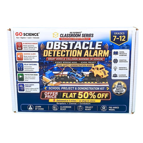 GO Science Classroom Series Obstacle Detection Alarm kit retail box of School project & demonstration kit, featuring a blue and white design with product features and demonstration vehicle graphics.