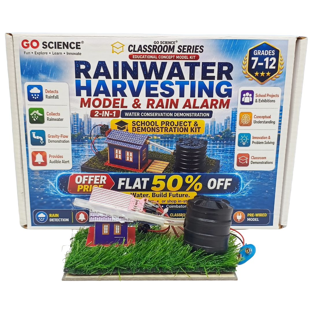 GO Science Classroom Series Rainwater Harvesting Model & Rain Alarm school project kit, showing the retail box behind a demonstration model with a small house, black barrel, grass mat, and rain alarm components on a white background.
