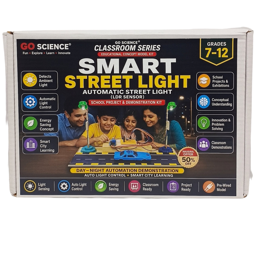 GO Science Smart Street Light Classroom Concept Model Kit in its retail packaging, showing a 7-12 grade educational product box with feature icons and a demonstration photo of children.