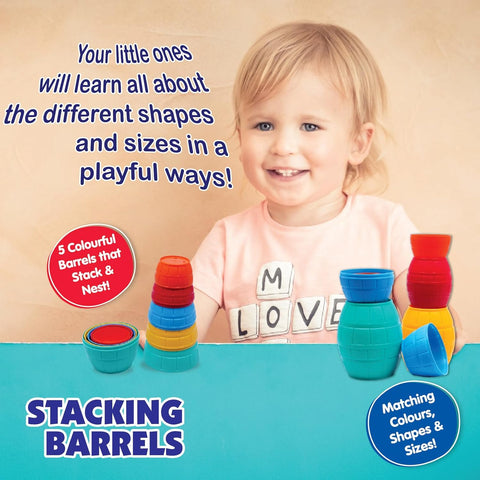 Giggles Funskool Stackable Blocks Barrels at go littles product image 2. Child playing with colorful stacking barrels on a blue surface, with text about learning shapes and sizes.