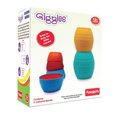 Giggles Funskool Stackable Blocks Barrels at go littles product image 3. Giggles toy packaging with colorful barrels and Funskool branding.