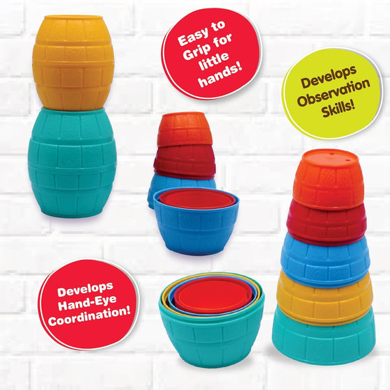 Giggles Funskool Stackable Blocks Barrels at go littles product image 5. Colorful stackable cups with text labels on a white brick wall background
