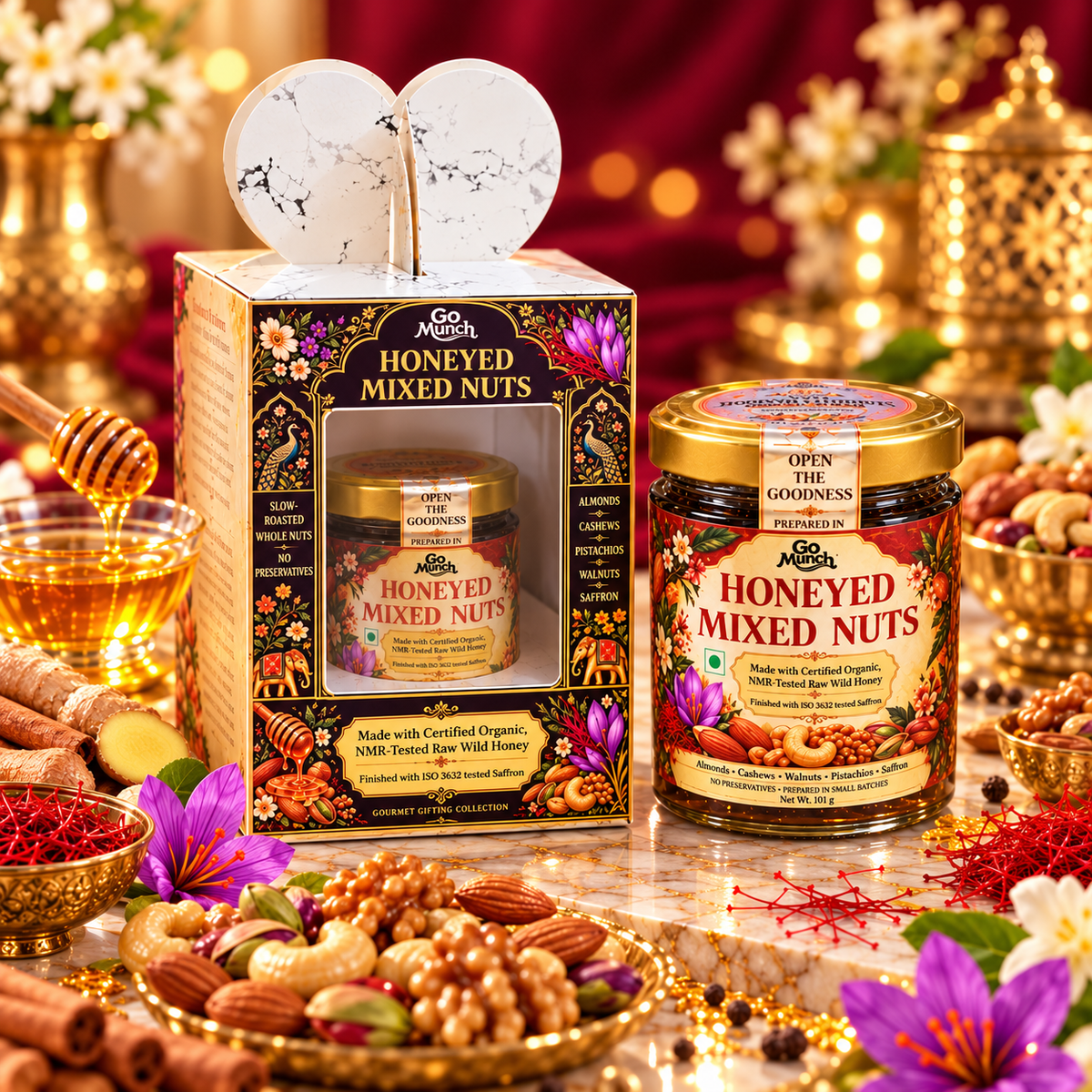 Go Munch by Go Science Honey mixed nuts made with organic honey and saffron gift pack