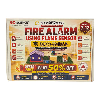 Go Science Classroom Series Fire Alarm Using Flame Sensor School Project & Demonstration Model kit in a retail box front image, featuring a purple house model and safety features on a beige background.