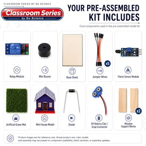 An infographic detailing the contents of a Classroom Series by Go Science pre-assembled model kit, showing 10 different components arranged in a grid with icons and labels on a white background.Go Science Classroom Series Fire Alarm Using Flame Sensor School Project & Demonstration Model kit content