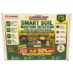 Go Science Classroom Series Smart Soil Moisture Detection kit for School Project & Demonstration in its original retail packaging, featuring a soil moisture probe, comparator module, active buzzer, and smart farming module.