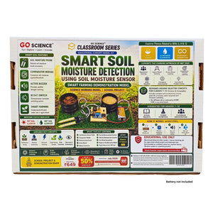 The back of a GO SCIENCE Classroom Series Smart Soil Moisture Detection school project & demonstration educational model box, showing detailed feature callouts, icons, and a small demonstration photo on a white background.