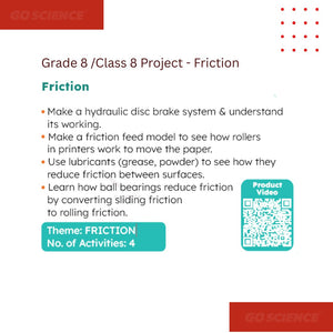 School Project for grade 8 on Friction Concept. Educational poster about friction with activities and a QR code for a product video, branded 'GO Science'.