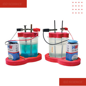 Science experiment setup with blue liquid in a container, connected to batteries on a white background. Grade_8_School_Project_Chemical_Effects_of_Electric_Current_product_image_1_goscience