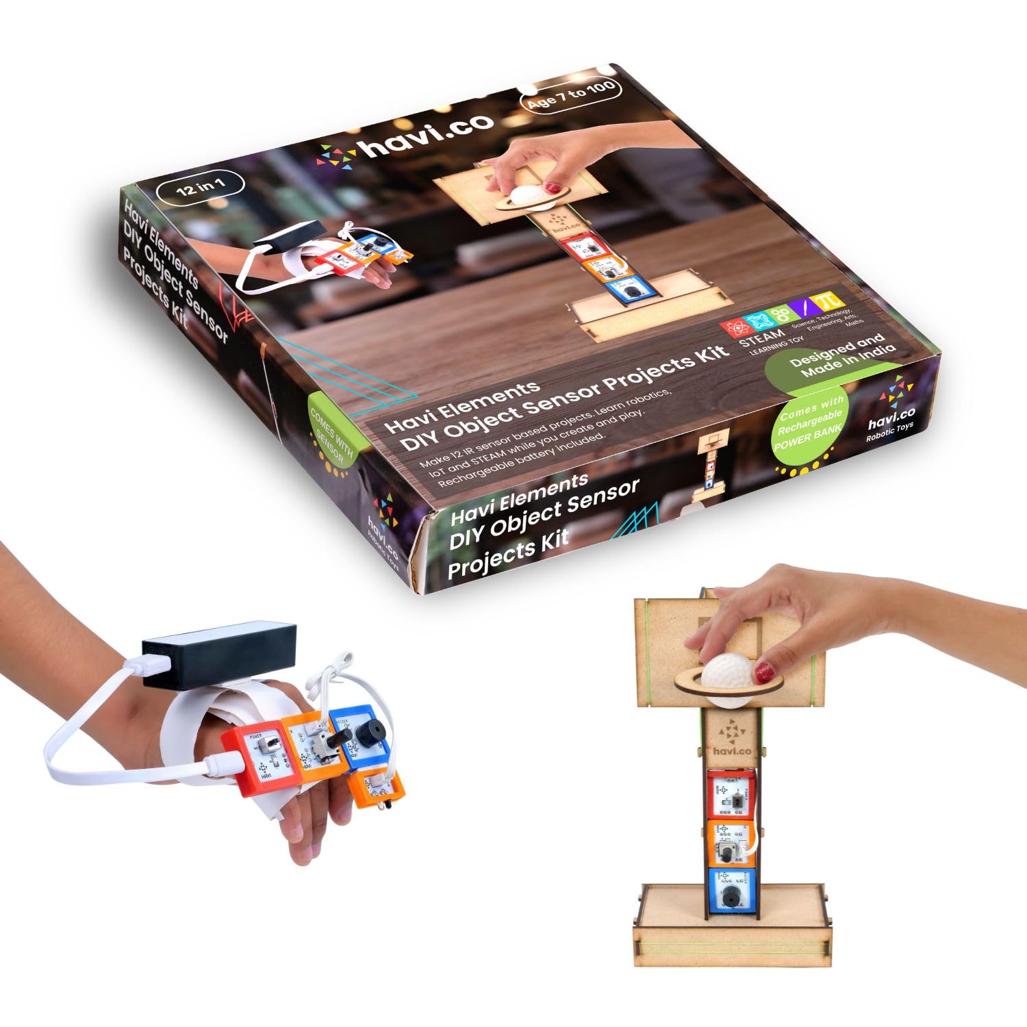 Havi Elements DIY Object Sensor Projects Kit packaging with hands interacting with components on a white background. Havi 12 in 1 DIY School Sensor Projects kit product image 1 at go science