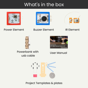 List of components included in a kit with icons and labels on a white background. Havi 12 in 1 DIY School Sensor Projects kit product image 2 at go science