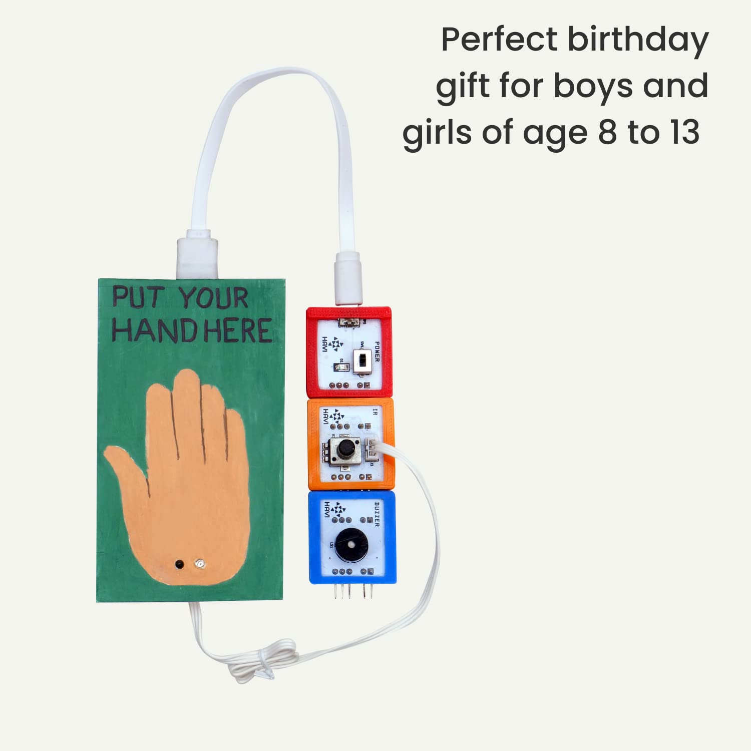 Educational STEM kit with hand illustration and text 'Put your hand here' on a white background. Havi 12 in 1 DIY School Sensor Projects kit product image 4 at go science