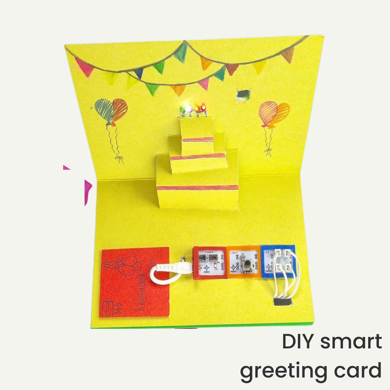 Yellow DIY smart greeting card with colorful elements on a white background. Havi 7 in 1 DIY Smart Light School Projects Kit 7 in 1 STEAM Projects Kit product image 6 at go science
