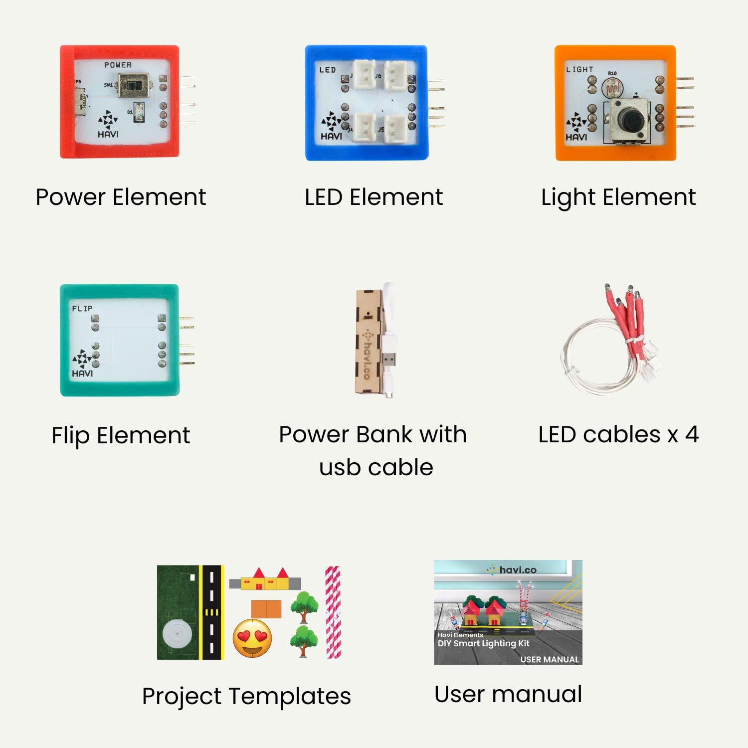 Collection of electronic components and tools on a white background. Havi 7 in 1 DIY Smart Light School Projects Kit 7 in 1 STEAM Projects Kit product image 8 at go science