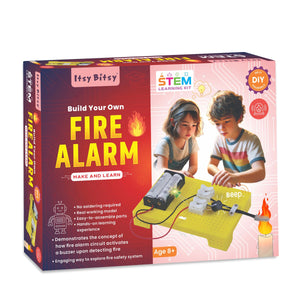 Box for 'Build Your Own Fire Alarm' STEM learning kit with children and fire alarm illustration. ITSY BITSY DIY STEM Learning Kit Build Your Own Fire Alarm_Go_Science_product_image_1