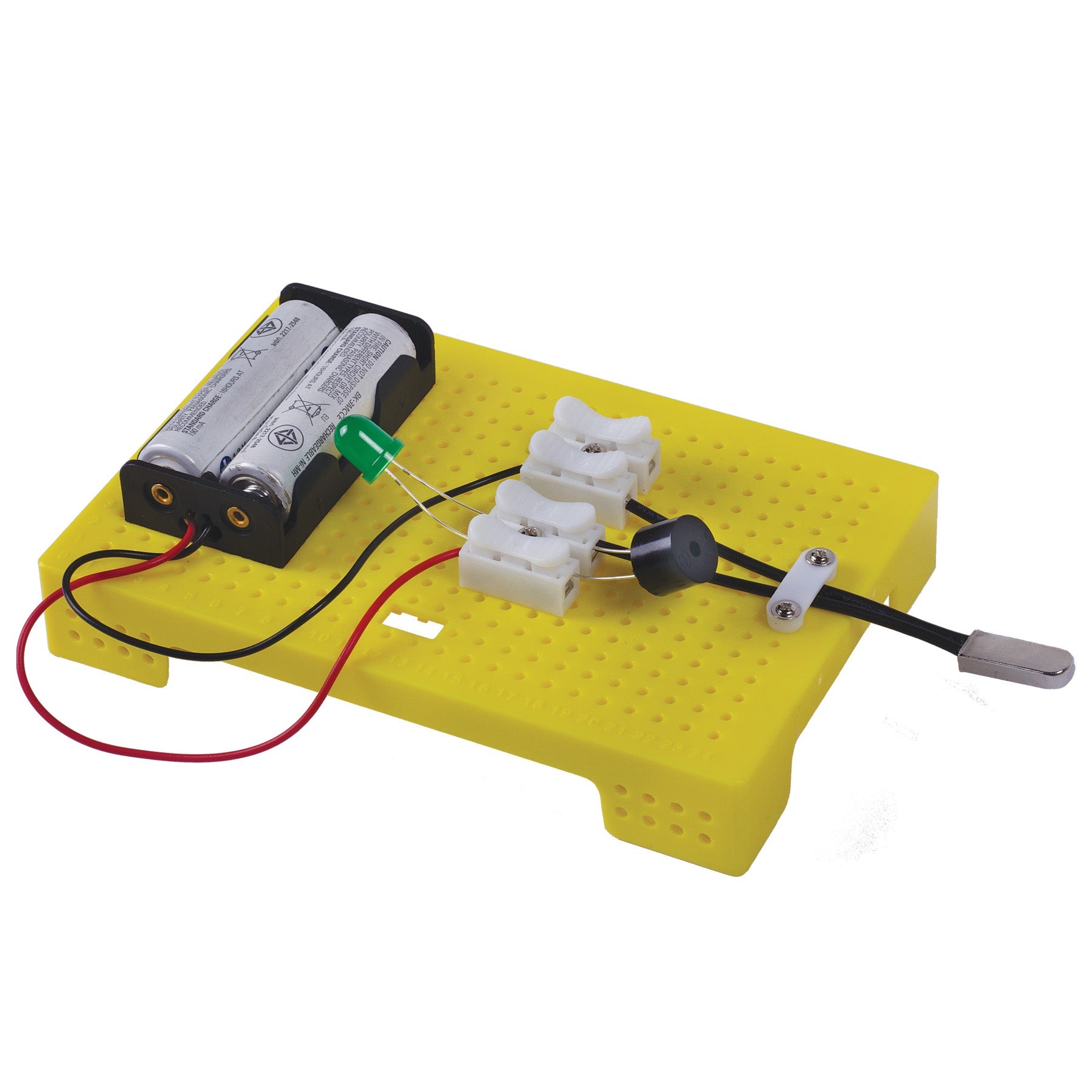 Batteries and electronic components on a yellow breadboard with wires. ITSY BITSY DIY STEM Learning Kit Build Your Own Fire Alarm_Go_Science_product_image_2