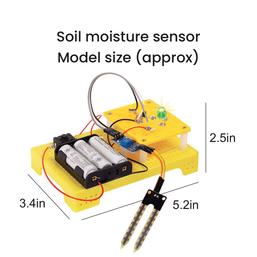 Soil moisture sensor with battery pack and measurement dimensions on a white background. Itsy Bitsy Build Your Own Soil Moisture Sensor - STEM Kit - Go Science_product_image 4