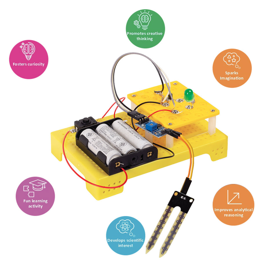 Yellow electronic circuit kit with batteries and components on a white background, featuring educational benefits. Itsy Bitsy Build Your Own Soil Moisture Sensor - STEM Kit - Go Science_product_image 5
