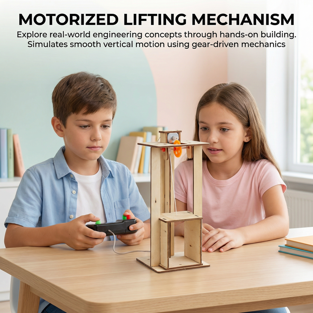 Two children playing with a motorized lifting mechanism on a table.Itsy Bitsy DIY Build Your Own Mine Shaft (Electric Elevator) _go_science_image_4