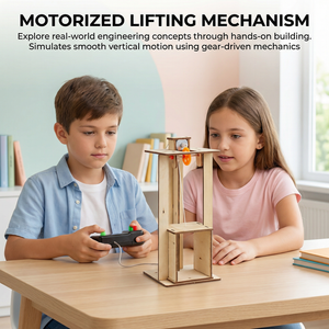 Two children playing with a motorized lifting mechanism on a table.Itsy Bitsy DIY Build Your Own Mine Shaft (Electric Elevator) _go_science_image_4