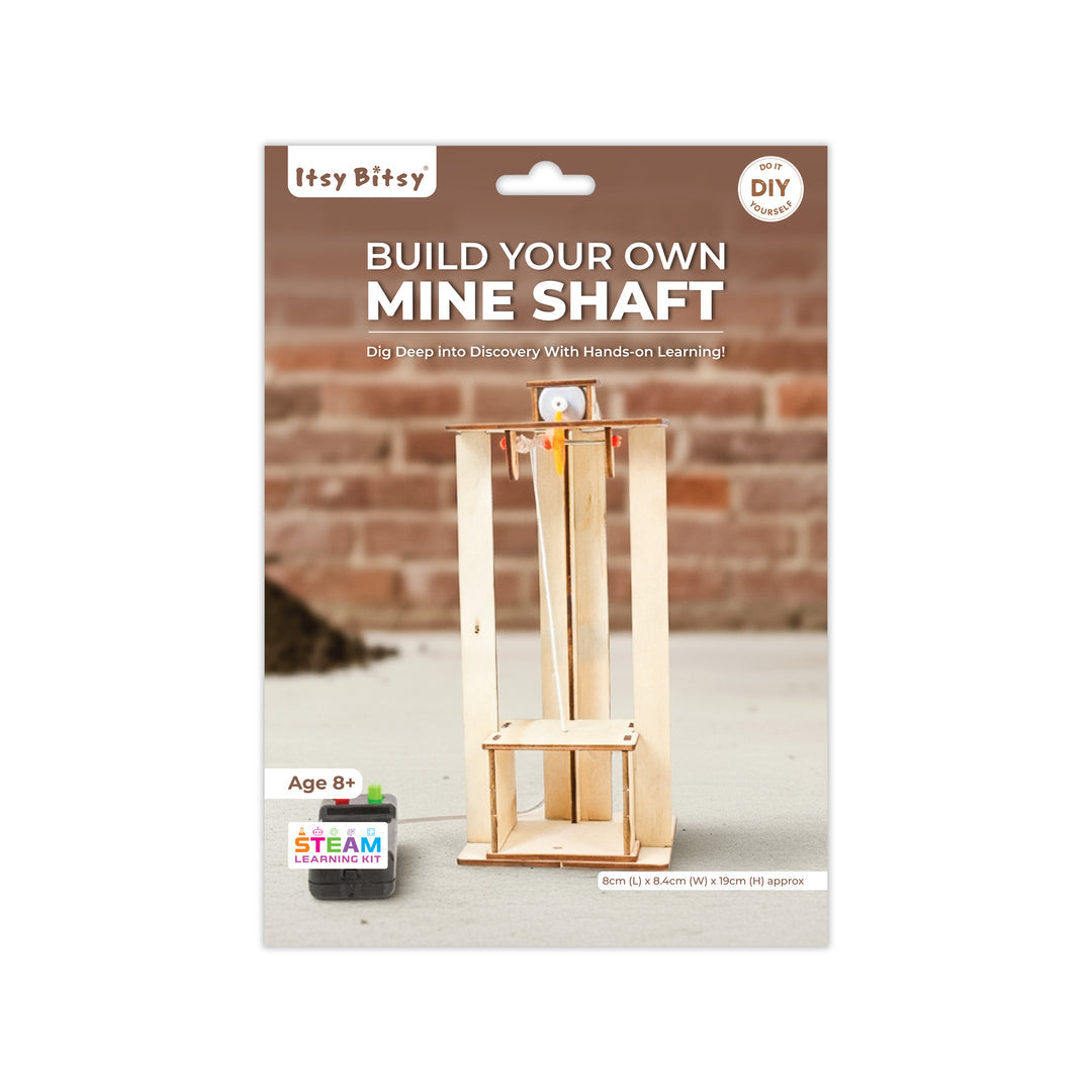 Packaging of 'Build Your Own Mine Shaft' kit by Itsy Bitsy with wooden model and text on a white background.Itsy Bitsy DIY Build Your Own Mine Shaft (Electric Elevator) _go_science_image_5