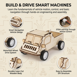 Wooden toy vehicle with educational text about building and driving smart machines on a beige background. Itsy Bitsy DIY Build Your Own Obstacle Avoidance Vehicle – Small Truck available at Go Science product image 2