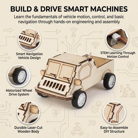 Wooden toy vehicle with educational text about building and driving smart machines on a beige background. Itsy Bitsy DIY Build Your Own Obstacle Avoidance Vehicle – Small Truck available at Go Science product image 2