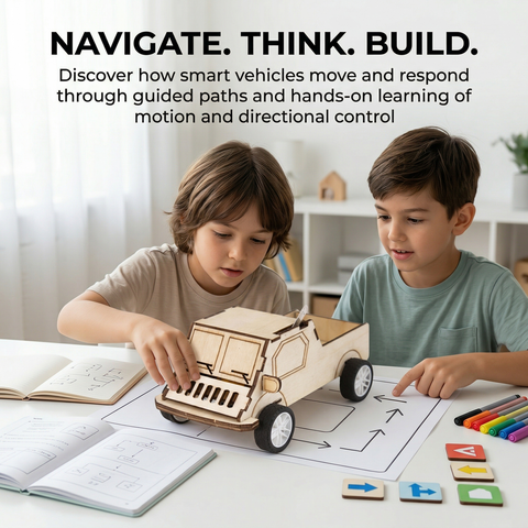 Two children playing with a wooden toy car on a table with educational materials. Itsy Bitsy DIY Build Your Own Obstacle Avoidance Vehicle – Small Truck available at Go Science product image 3