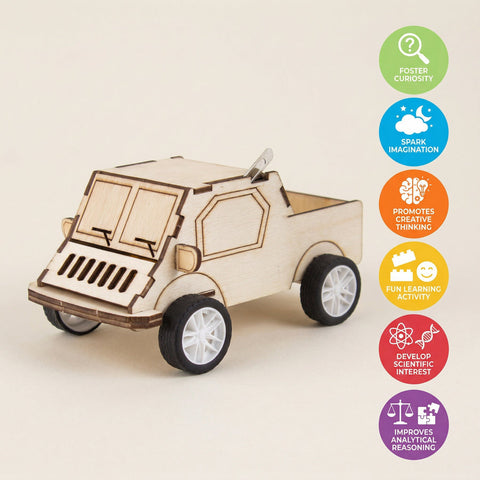 Wooden toy car model on a beige background with educational icons. Itsy Bitsy DIY Build Your Own Obstacle Avoidance Vehicle – Small Truck available at Go Science product image 5